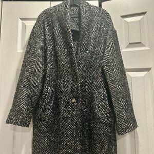 Zara Black and White Herringbone Wool Coat